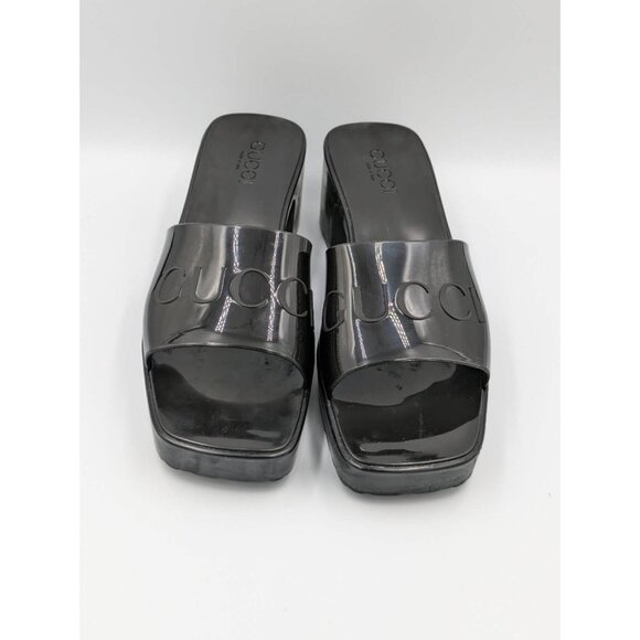 Gucci Logo Embossed Mid-Heel Rubber Sandals Black EU41 624730 - Picture 2 of 12